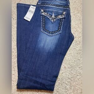 Buckle Dark Blue Boot Cut Jeans with Embellishments